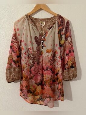 Fig & Flower Top Womens Medium Pink Floral Balloon Sleeve Button Popover Blouse